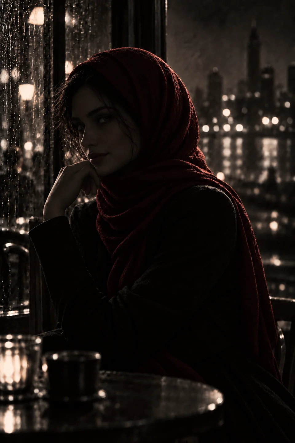 Lady Red in rainy noir